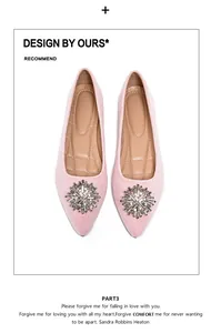 Top view of pink suede pointed-toe flats with sparkling silver rhinestone buckle details