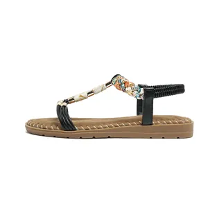 Damen Sandalen mit schwarzem T-Riemen, Boho-Webmuster und Marmor-Ornamenten