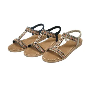 Sandalias planas bohemias para mujer con correas geométricas y cuentas en tres colores