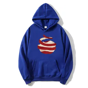 Detail of navy blue hoodie with drawstring hood, kangaroo pocket and sphere graphic