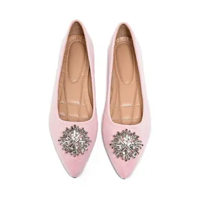 Elegant pink suede pointed-toe flats for women with sparkling crystal buckle decoration