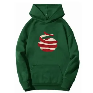 Detail view of deep green hoodie featuring red and white spiral graphic and kangaroo pocket