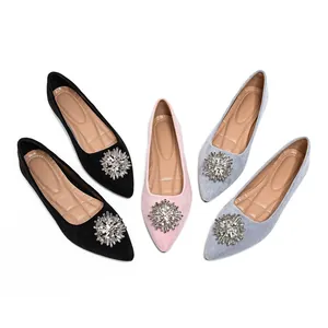 French style pointed toe suede flats with crystal buckles in black pink and blue