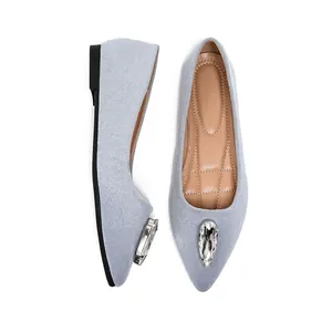 Ballerines pointues en daim de style français avec boucle en cristal pour femmes, bleu