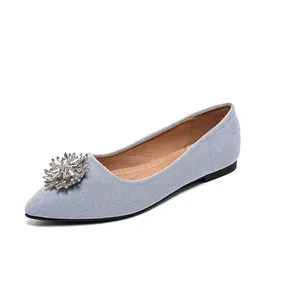 Light blue pointed toe ballet flats with rhinestone flower buckle in suede texture