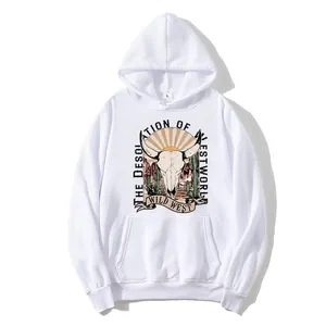 White oversized hoodie featuring vintage Wild West graphic print and desert sunset artwork