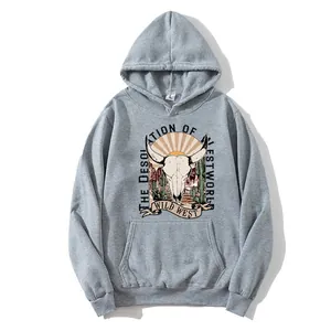 Unisex oversized heather gray hoodie with Wild West vintage graphic print on white background