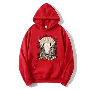 Red hooded sweatshirt with vintage Wild West print and front pocket for men and women