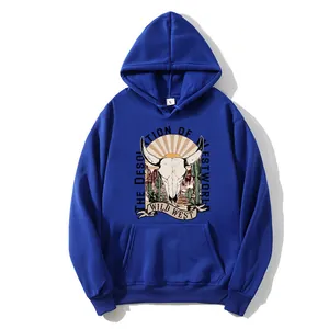 Women American Retro Western Cow Skull Print Hooded Sweatshirt Loose Fleece Hoodie With Kangaroo Pocket