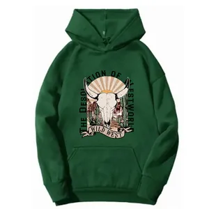Detail of dark green hoodie featuring Wild West skull and cactus graphic print