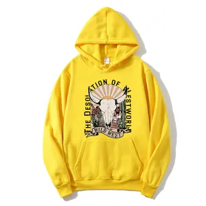 Bright yellow oversized hoodie with wild west bull skull print and front kangaroo pocket