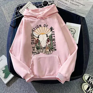 Detail of pink hoodie with vintage Wild West skull print and adjustable drawstring
