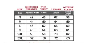 Size chart showing shoulder, chest, and length measurements for loose long sleeve sweatshirts