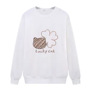 White long-sleeve crewneck sweatshirt with Lucky Cat cartoon print and ribbed cuffs