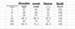 Size chart table for women's hoodie with S to 3XL measurements for shoulder, bust and length