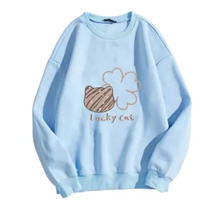 Loose light blue long-sleeve crewneck sweatshirt with lucky cat graphic and rib-knit cuffs