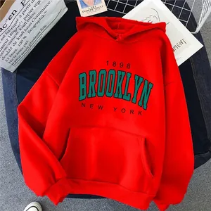 Oversized red Brooklyn hoodie with vintage 1898 graphic print and kangaroo pocket
