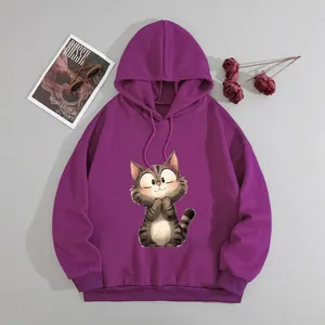 Sweat-shirt à Capuche pour Femme Imprimé Chat Mignon Décontracté Ample à Manches Longues Pull Doublé Polaire pour Automne Hiver
