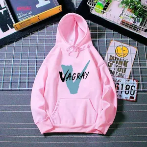 Detail of pink hoodie with blue V-shaped art logo and branded VAGRAY graphic print