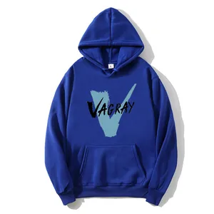 Detail of navy blue heavyweight hoodie featuring light blue VAGRAY graphic and kangaroo pocket