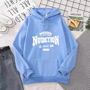 Oversized light blue hoodie with vintage letter print and kangaroo pocket for unisex