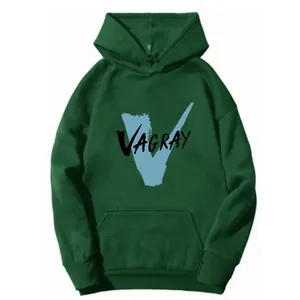 Detail of dark green hoodie featuring blue V logo and Vagray text print