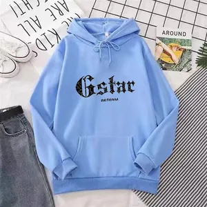 Detail of light blue hooded sweatshirt with Gstar print and front kangaroo pocket