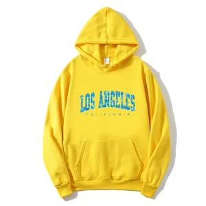 Oversized bright yellow Los Angeles California hoodie with blue textured lettering