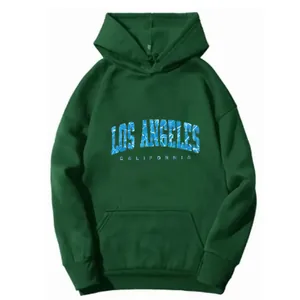 Detail of Los Angeles print on dark green hooded sweatshirt with kangaroo pocket