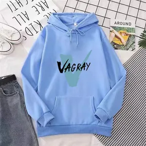 Detail view of light blue hoodie with VAGRAY print and kangaroo pocket in a casual layout