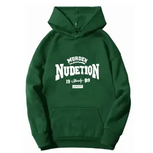 Detailed view of dark green hoodie featuring white letter prints and front kangaroo pocket