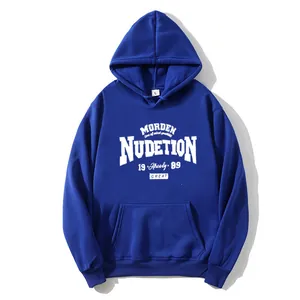 Macro detail of royal blue hoodie showing white vintage letter print and front kangaroo pocket