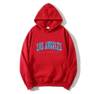 Oversized red Los Angeles hoodie with blue ripple text and front kangaroo pocket