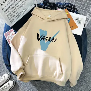 Flat lay of cream oversized hoodie with VAGRAY blue graphic print and kangaroo pocket