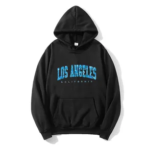 Loose black hoodie with Los Angeles California blue text print and kangaroo pocket