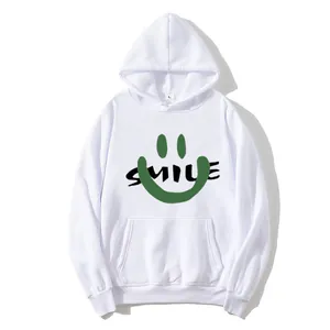 Women's white hoodie with green smile graphic and front kangaroo pocket in minimalist style