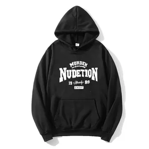 Loose black fleece hoodie featuring white modern graphic print and kangaroo pocket