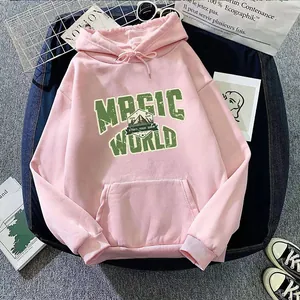 Magic World Women Oversized American Retro Hooded Sweatshirt Letter Mountain Print Long Sleeve Pullover Hoodie Top