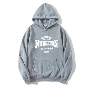 Gray oversized American style hoodie with white letter print and kangaroo pocket