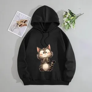 Sweat à capuche noir décontracté pour femme avec imprimé chat mignon et cordon