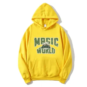Women's yellow oversized hoodie with vintage Magic World print and kangaroo pocket