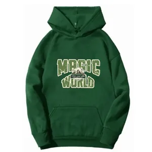 Detailed flat lay of a dark green hoodie with Magic World graphic and front kangaroo pocket