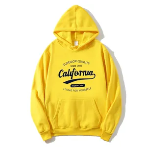 Bright yellow casual hooded sweatshirt for women with California letter print design