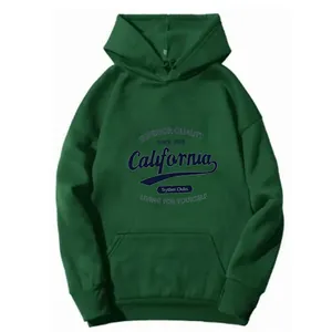 Detailed flat lay of dark green hoodie featuring California print and ribbed cuffs