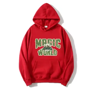 Red American retro oversized hoodie with Magic World mountain graphic and kangaroo pocket