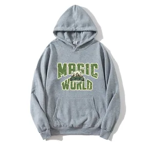 Detail of grey vintage hoodie with green Magic World mountain print and kangaroo pocket