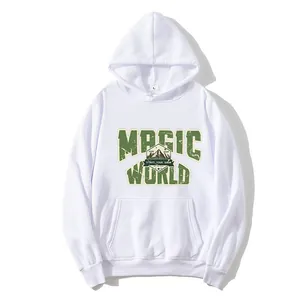 Women's white oversized hoodie with green Magic World mountain print and kangaroo pocket