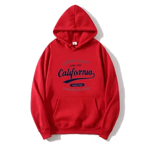 Detail of red hoodie with blue California graphic print and front kangaroo pocket