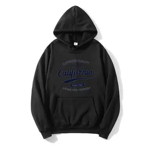 Detail of vintage blue California print on black fleece hoodie with front pocket