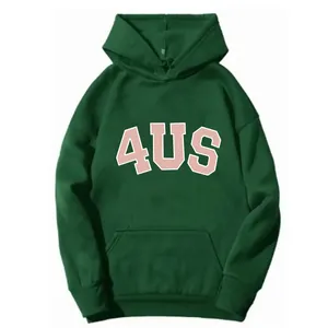 Detail of dark green oversized hoodie featuring a pink 4US campus style graphic print